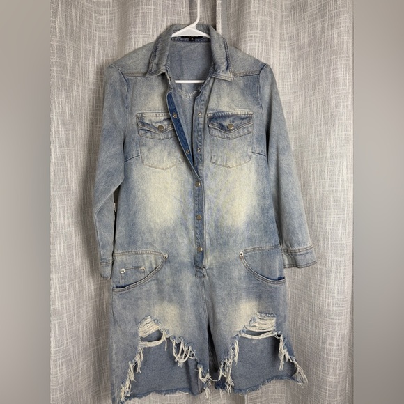 Denim - Athina woman Sz M Long sleeve denim romper blue distressed cut out snap button